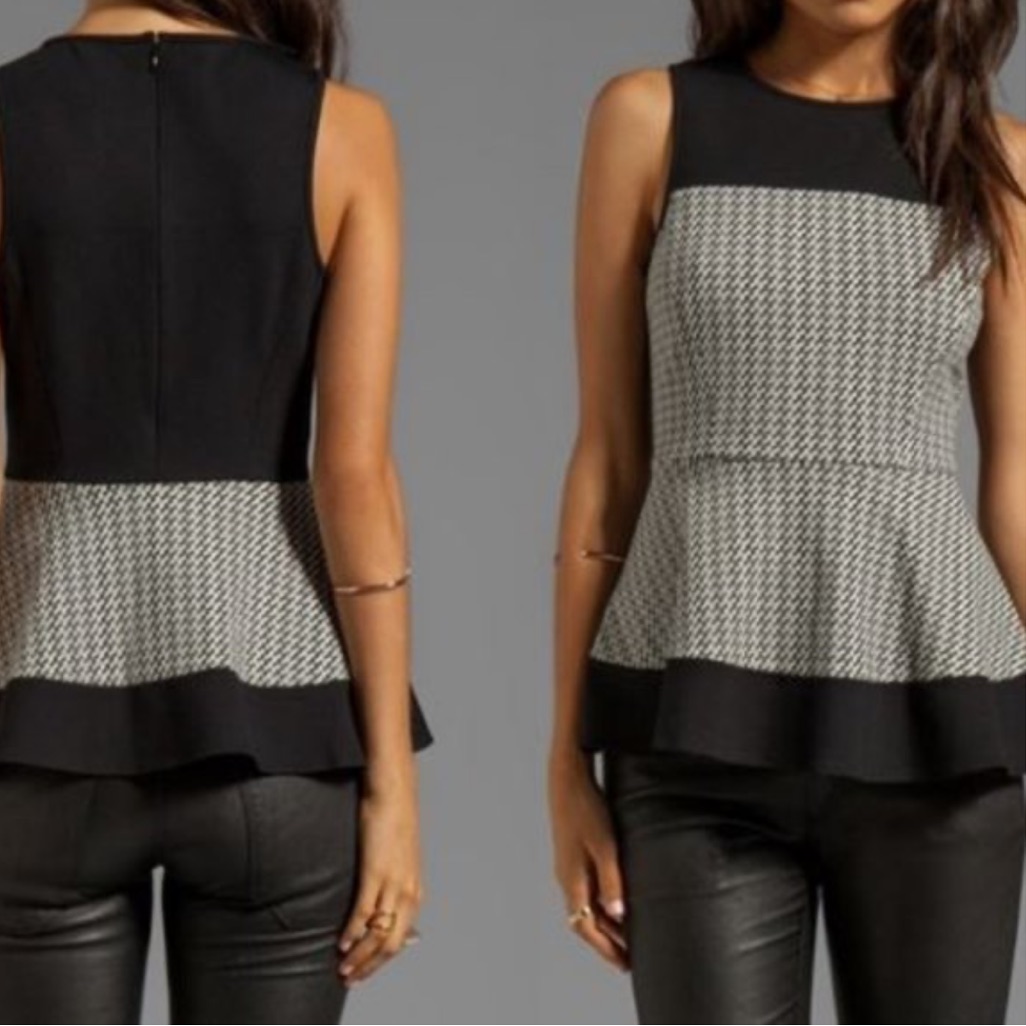 Tibi Black And White Houndstooth Peplum Blouse